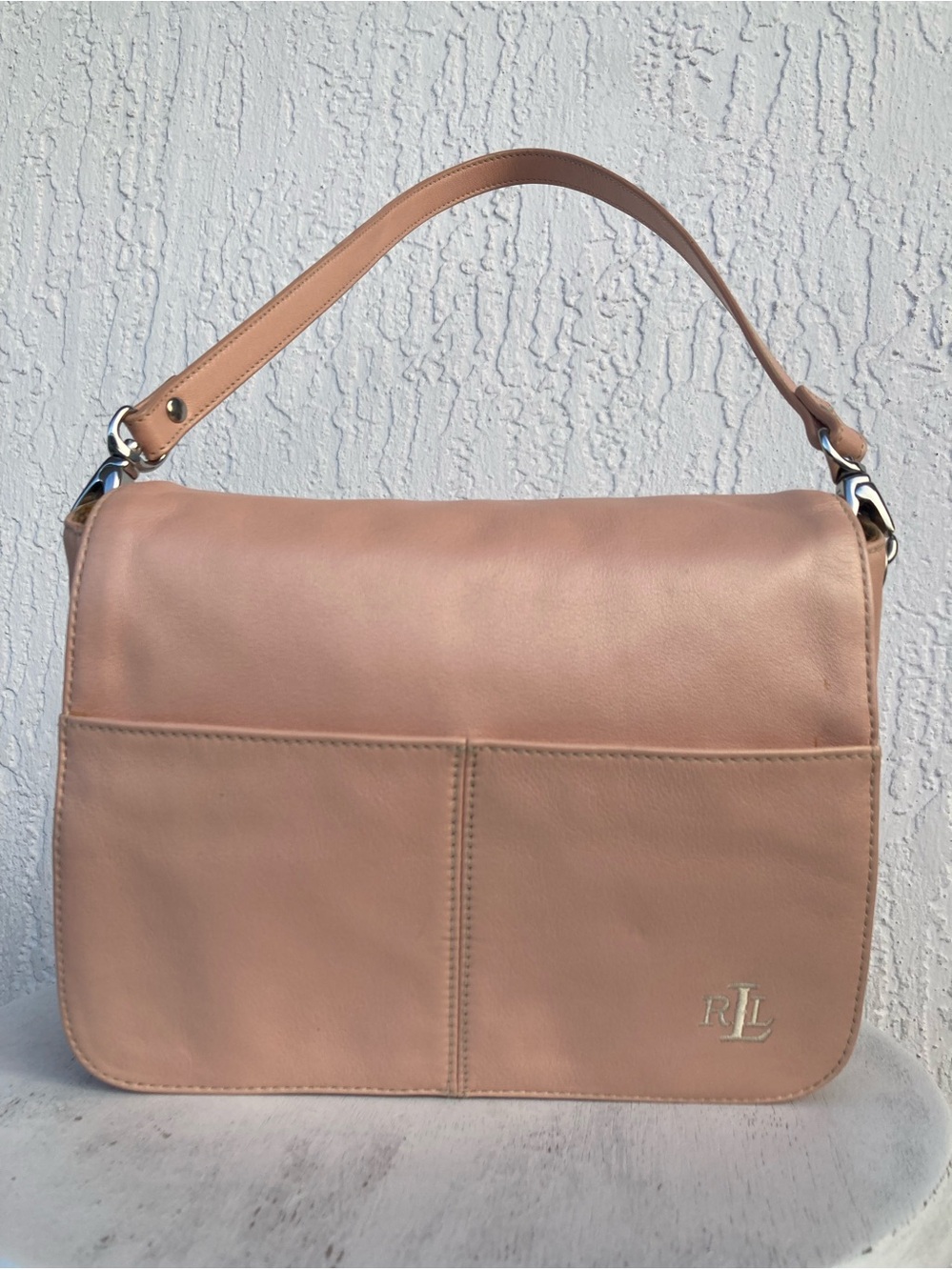 VTG Lauren Ralph Lauren Pink Peach Leather Shoulder Bag Flap RLL Bag Y2K"